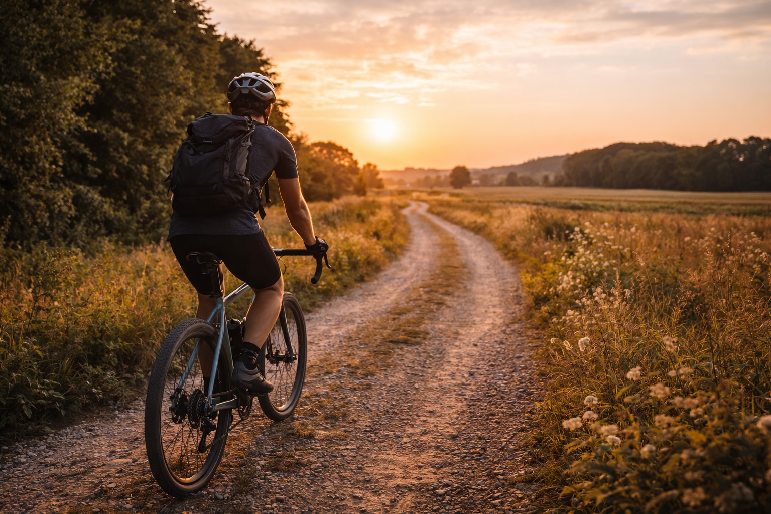 Person fährt mit einem Gravelbike auf einem Schotterweg durch eine Landschaft im Abendlicht