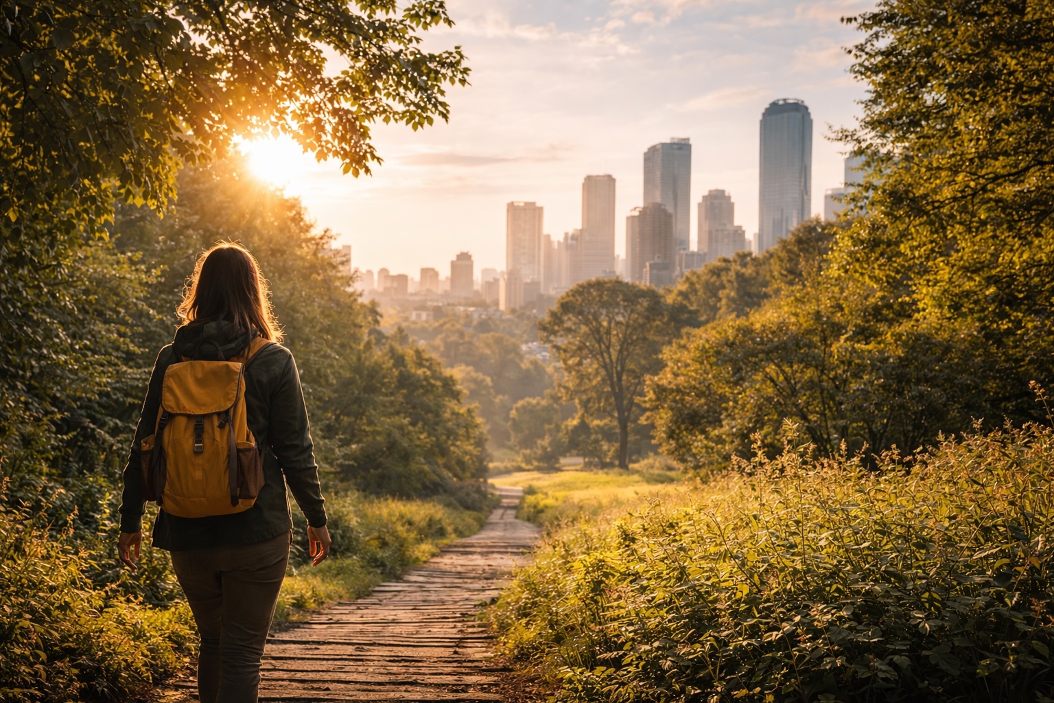 Person mit Rucksack unterwegs auf einem Weg zwischen Stadt und Natur im Abendlicht