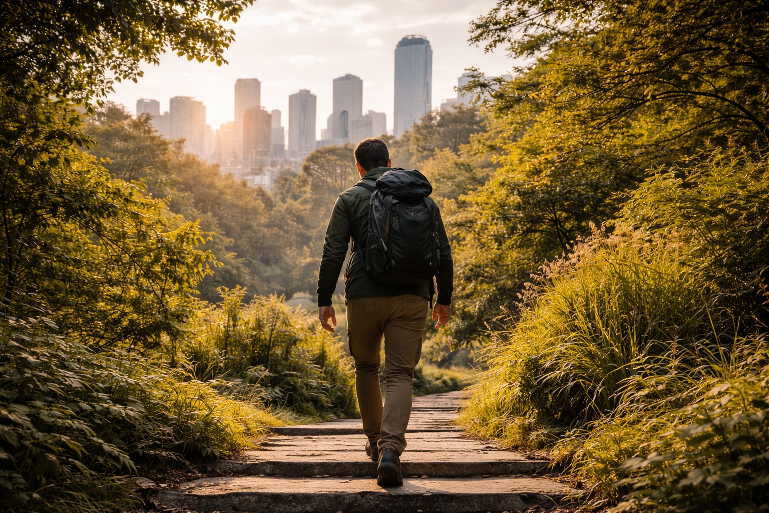 Person mit Rucksack wandert durch einen Stadtpark mit Skyline im Hintergrund