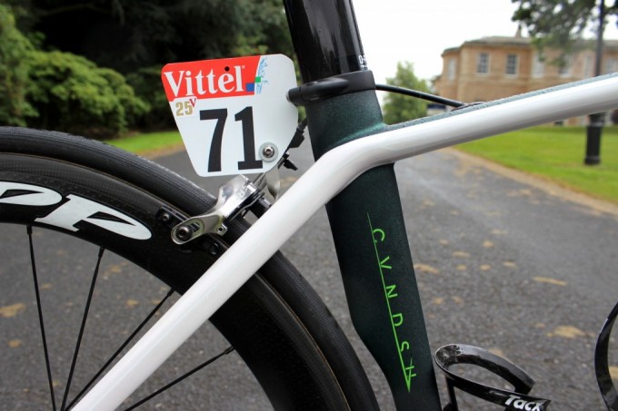 The former world champion launched his CVNDSH brand last year and the logo - designed by the Harrogate-based Lift Agency - features on the seattube. The '25' on Cavendish's now-retired race number signifies the 29-year-old's tally of stage wins at the Tour. 