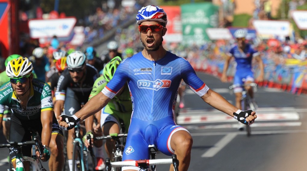 Nancer Bouhanni feiert den Sieg über die 2. Etappe der Vuelta a Espana 2014 (Foto: Sirotti)