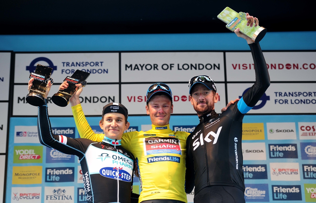Das Podium: Dylan Van Baarle (mitte), Michal Kwiatkowski (links) und Bradley Wiggins (rechts). (Foto: Simon Wilkinson/SWPix.com)