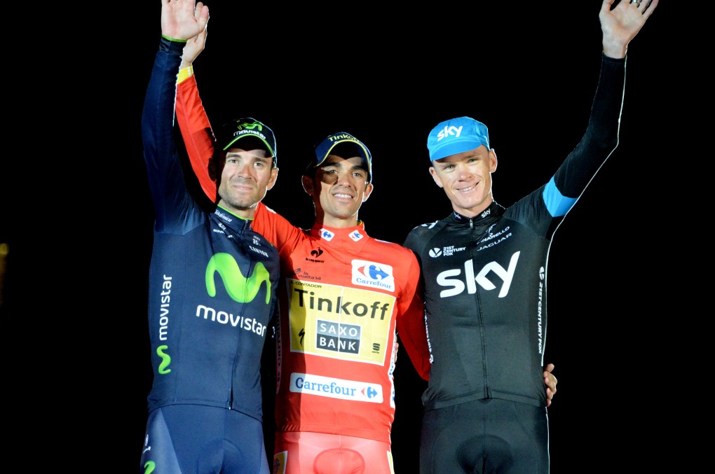 Valverde und der damals führende der UCI WorldTour Contador, zusammen mit Chris Froome auf dem Podium der Vuelta. (Foto: Sirotti)