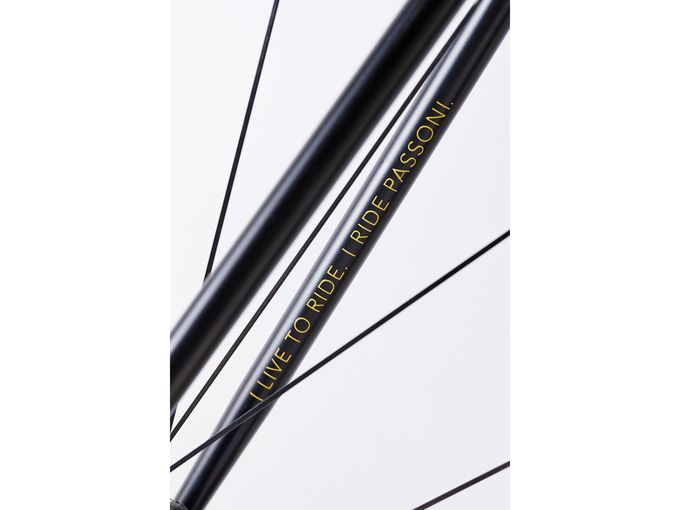 “I live to ride. I ride Passoni.“ steht auf einer der Sitzstreben geschrieben. (Deutsch: Ich lebe, um zu fahren. Ich fahre Passoni.)