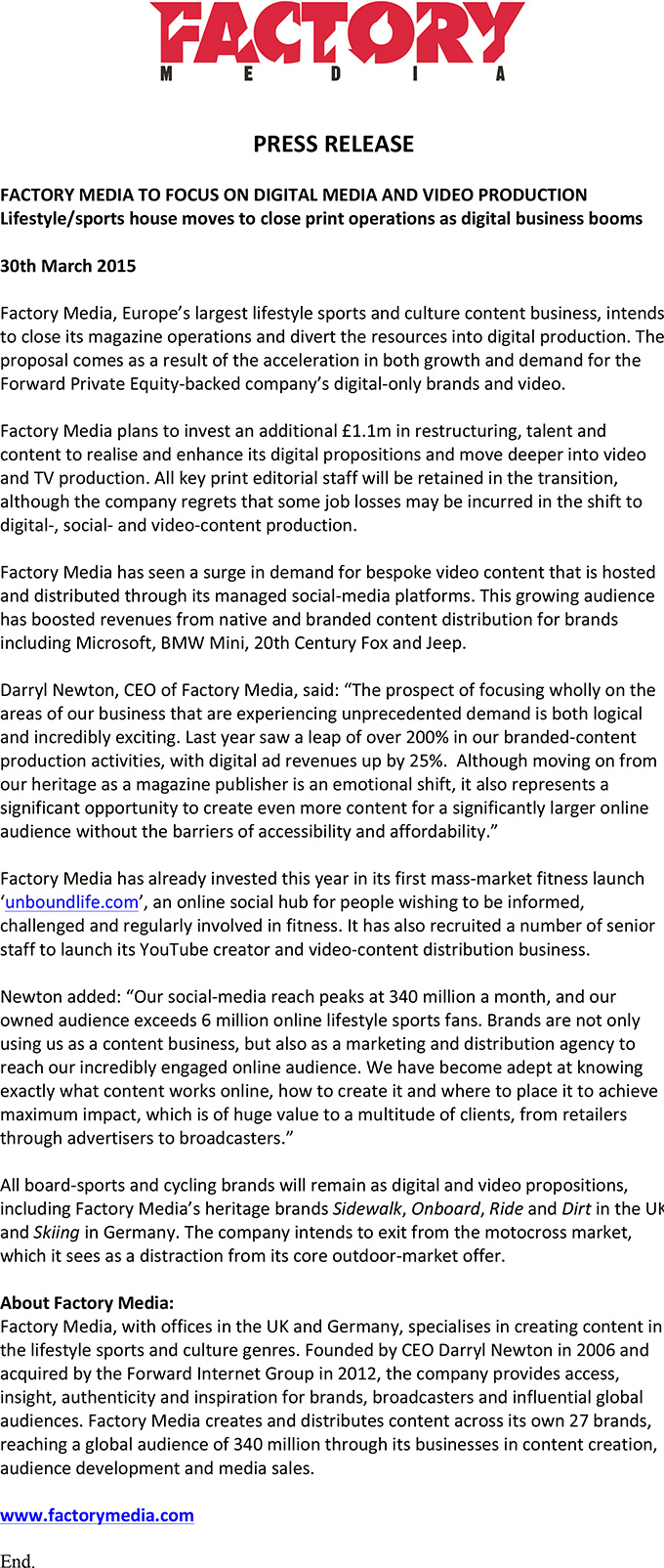 Factory Media Press Release