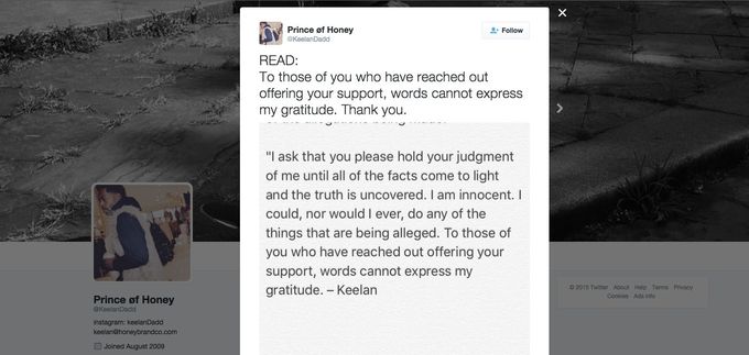 Keelan Dadd Twitter Statement