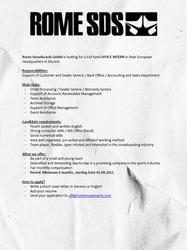 Rome Snowboards sucht Praktikanten - Stellenausschreibung