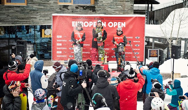 Das Podium: Torstein Horgmo (NOR), Mark McMorris (CAN) und Seb Toutant (CAN); Foto: Lämmerhirt