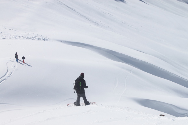 Unterwegs im Backcountry. Im Vordergrund Fotograf Matt McHattie, dahinter Steve Gruber, Peter Sandner und Miro Salzmann. Foto: Franz Langer