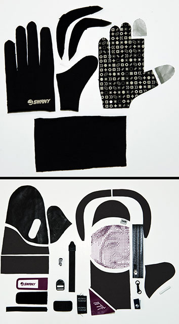 Nachdem die rund 25 einzelnen Stoffteile, aus welchen mein Glove später zusammengenäht wird, ausgestanzt sind, werden die Logos, meine Unterschrift und mein Name auf genau definierte Stellen der Handschuheinzelteile aufgestickt.