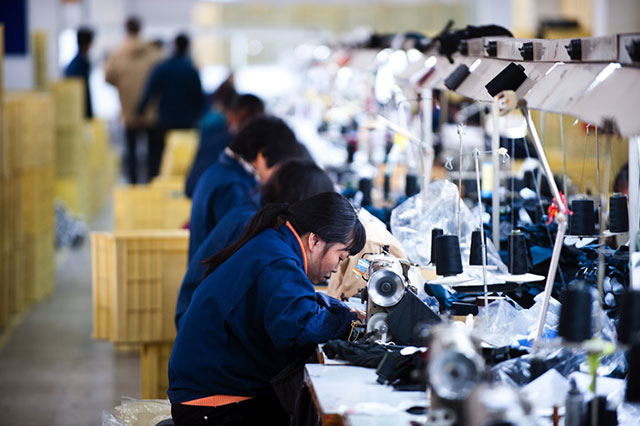 Shin führt mich wieder zurück in die grosse Produktionshalle und dem langen Tisch mit Näherinnen. „Hier wird dein Handschuh zusammengestellt“, meint er lächelnd und weist auf die erste Arbeiterin am Ende des Tisches. Die Näherinnen sind das Herzstück der Handschuhproduktion. Jede von ihnen ist auf wenige Nähte spezialisiert, welche sie 8 Stunden am Tag näht; und das seit Jahren. Die einwandfreie Nähtechnik und das Know-How wurden in jahrelanger Routine perfektioniert und sind wohl der wichtigste Grund, weshalb die Produktion von Handschuhen zum grössten Teil immer noch in China stattfindet; einem Land, in dem die Löhne und Kosten Jahr für Jahr in die Höhe schnellen. Maschinen können einfach von einem Billiglohnland ins nächste verschifft werden, die Arbeiterinnen mit ihrem Wissen und ihrem Schatz an Fähigkeiten nicht.  Am langen Tisch werden die zuvor ausgestanzten Stoffteile nun Schritt für Schritt zusammengenäht. Dabei ist jede Näherin maximal für zwei Nähte verantwortlich, welche präzise angebracht werden bevor der werdende Handschuh an die Tischnachbarin für den nächsten Produktionsschritt weiter gereicht wird. 