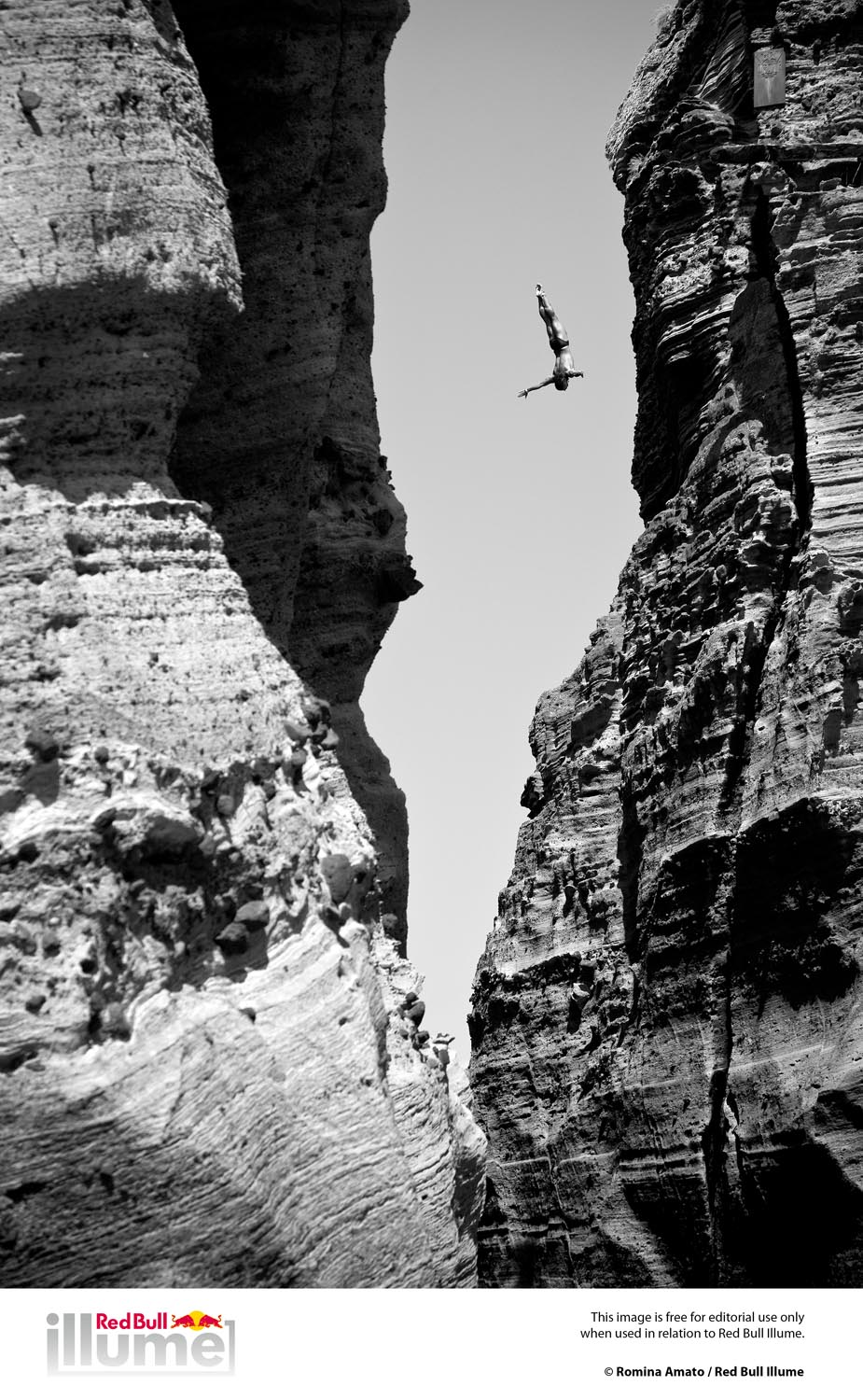 Todor Spasov of Bulgaria dives 29 metres from the rock monolith during the first training session of the third stop of the Red Bull Cliff Diving World Series, Islet Vila Franca do Campo, Azores, Portugal on July 19th 2012.