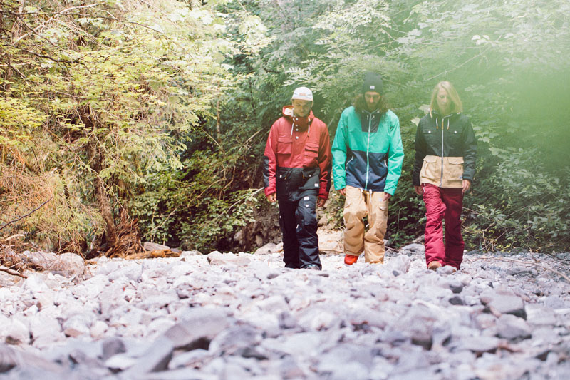 Colour Wear, left to right: Shelter jacket - 10,000mm/10,000g - £180 | CLWR pants - 10,000mm/10,000g - £125 | Block jacket - 10,000mm/10,000g - £140 | CLWR pant - 10,000mm/10,000g - £125 | Bust jacket - 10,000mm/10,000g - £155 | Stencil pants - 10,000mm/10,000g - £110