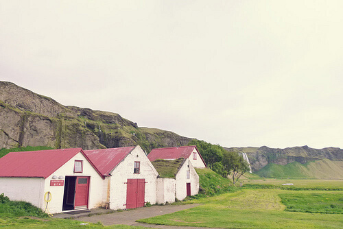 Houses Iceland Campsite Waterfalls