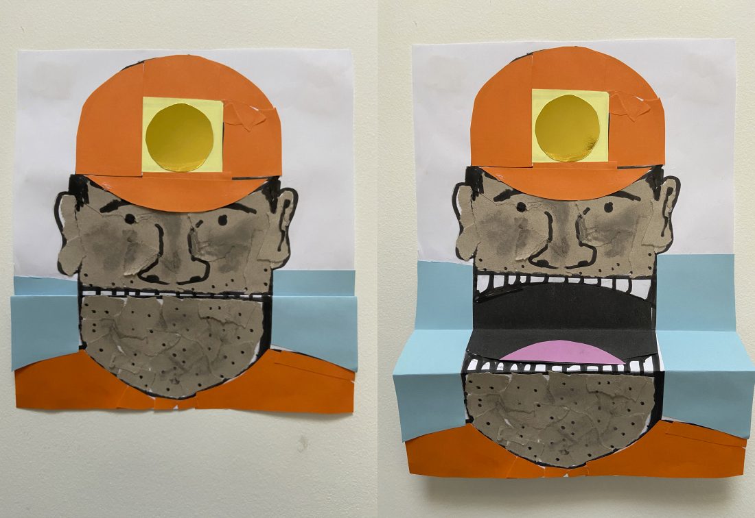 Collage activity showing a coalminer with mouth open. Collage activity showing a coalminer with mouth open.