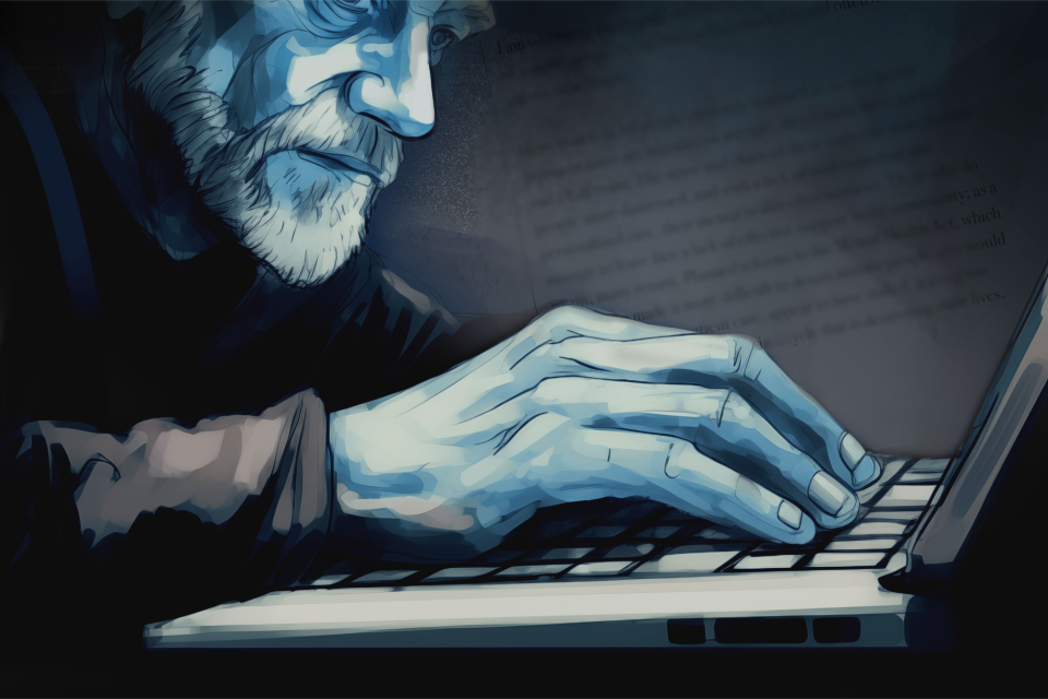 Older man typing on a laptop - illustration