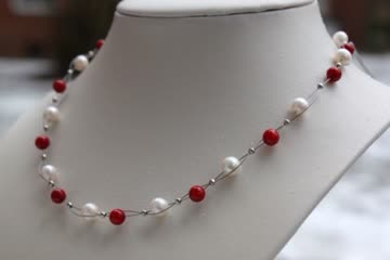x Perlenkette Collier Echtschmuck Koralle, echte Süßwasserzucht Perlen A86 