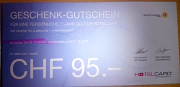 Geschenk-Gutschein für 1-jährige HOTELCARD Mitgliedschaft ! Wert CHF 95.-