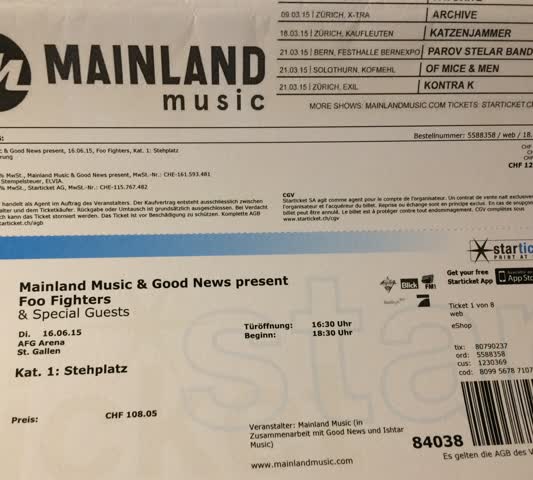 Exsila Artikel: Foo Fighters-Konzert in St. Gallen vom Dienstag, 16. Juni 2015 | Stehplatz | AFG-Arena St. Gallen | & Special Guests