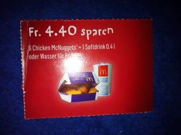 6 chicken MCnuggets + 1softdrink 0,4l oder wasser 5.-