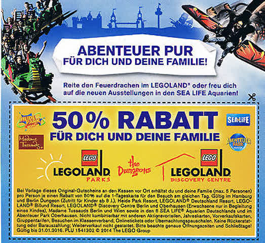 5 Personen - 50% Rabatt Gutschein für Heidepark Soltau, Legoland, Sealife u.v.m.