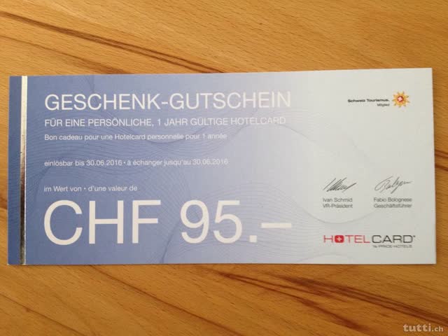 Exsila Artikel: Hotelcard Gutschein im Wert von 95.-