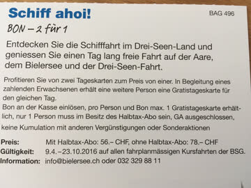 Exsila Artikel: Bon 2 für 1 Schiffsfahrt im Drei-Seen-Land