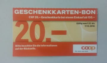 Exsila Artikel: 20.- Geschenkkarte COOP-Supermarkt bei Einkauf ab 150.-