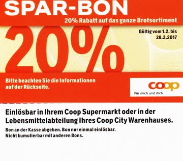 Coop Spar-Bon 20% Rabatt auf das ganze Brotsortiment