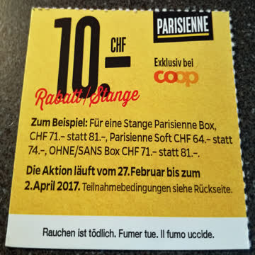 Exsila Artikel: Gutschein im Wert von CHF 10 für Parisienne (Coop)