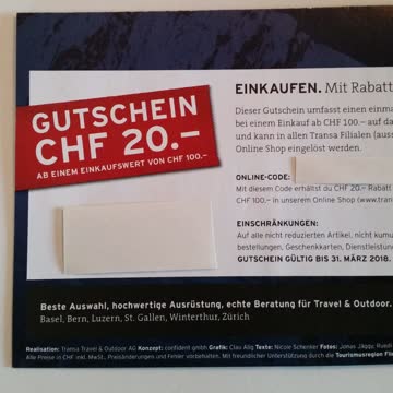 Transa Gutschein 20.- ab 100.- Einkauf