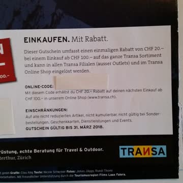 Transa Gutschein 20.- ab 100.- Einkauf