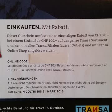Transa Gutschein 20.- ab 100.- Einkauf
