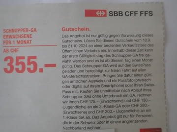 SBB 1 Monat Schnupper GA. CHF 355.-