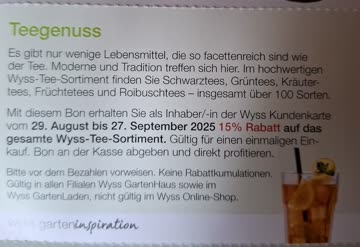 Gutschein 15 % auf Wyss- Tee