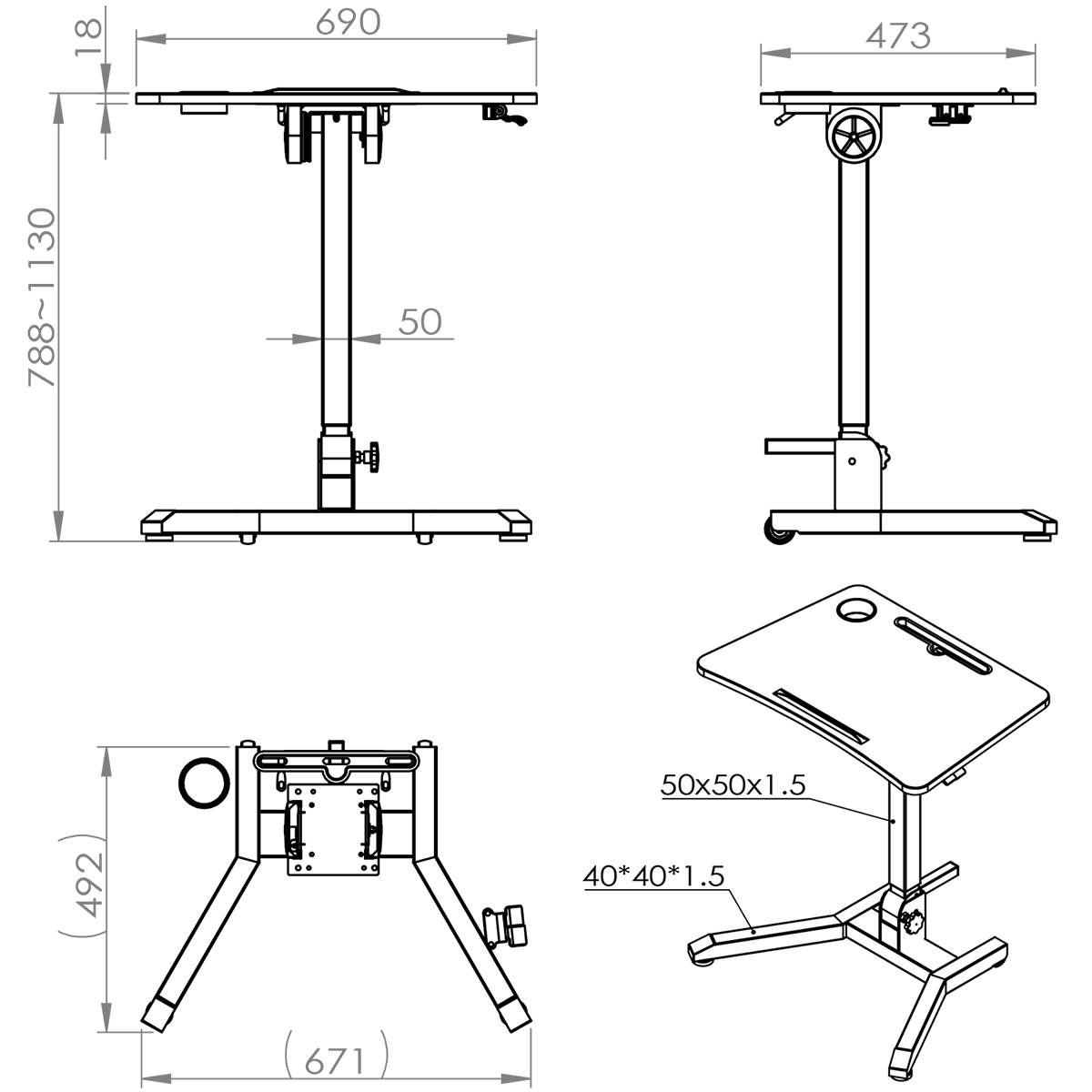 Mobile and Foldable Height Adjustable Desk dimensions
