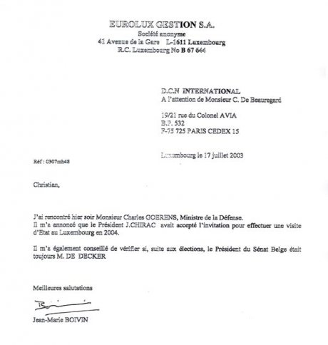 On a document with a header of Eurolux Gestion, the former executive of the DCNI tells his missions to a minister of Luxembourg. - JPG - 22.9 ko On a document with a header of Eurolux Gestion, the former executive of the DCNI tells his missions to a minister of Luxembourg. - JPG - 22.9 ko