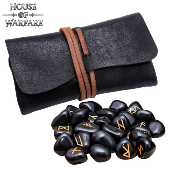 Viking Elder Futhark Black Stone Rune Set with Leather Pouch