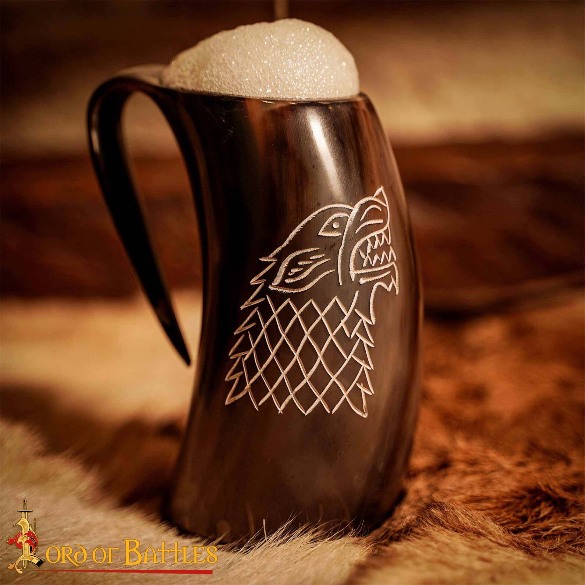Engraved Dire Wolf Ox Horn Tankard | Viking Ale Vessel - Image 5