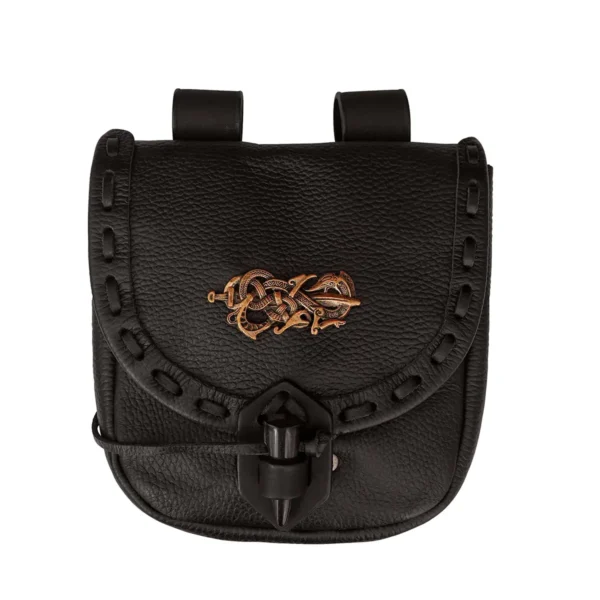 Medieval Black Leather Belt Bag with Horn Toggle & Bronze Mount