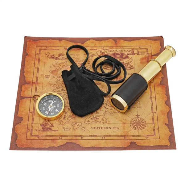Pirate Treasure Hunt Set with Brass Spyglass, Compass & Suede Pouch