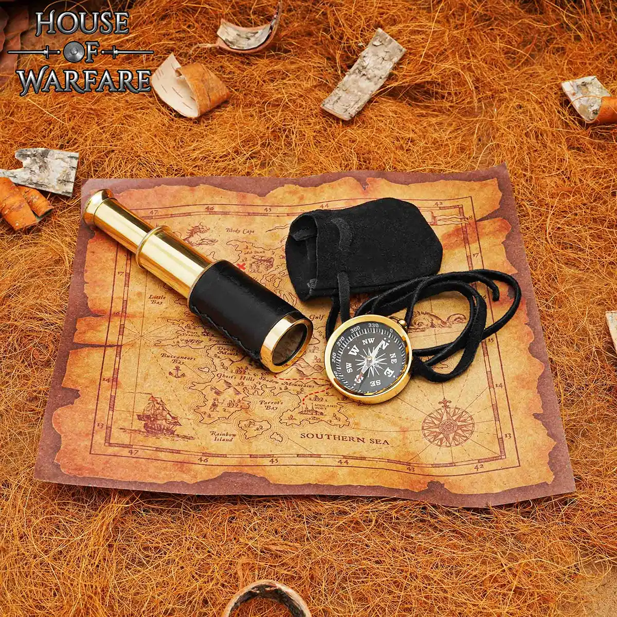 Pirate Treasure Hunt Set with Brass Spyglass, Compass & Suede Pouch - Image 5