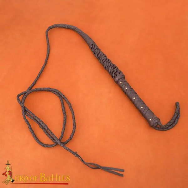 Medieval Hand-Braided Leather Whip with Brass Rivets