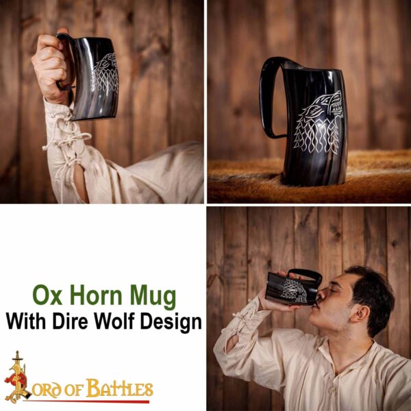 Engraved Dire Wolf Ox Horn Tankard | Viking Ale Vessel