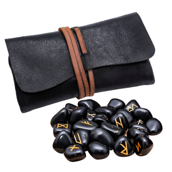 Viking Elder Futhark Black Stone Rune Set with Leather Pouch