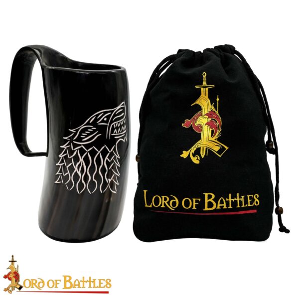 Engraved Dire Wolf Ox Horn Tankard | Viking Ale Vessel