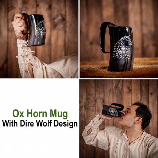 Engraved Dire Wolf Ox Horn Tankard | Viking Ale Vessel