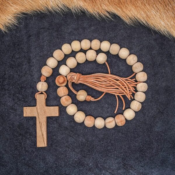 Medieval Wooden Rosary with Carved Cross & Leather Cord