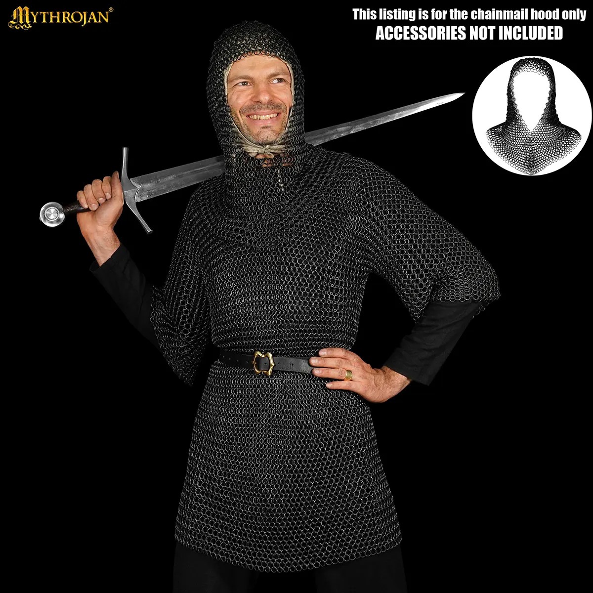 Blackened Mild Steel Chainmail Coif - 16G 10mm Butted Rings - Image 4