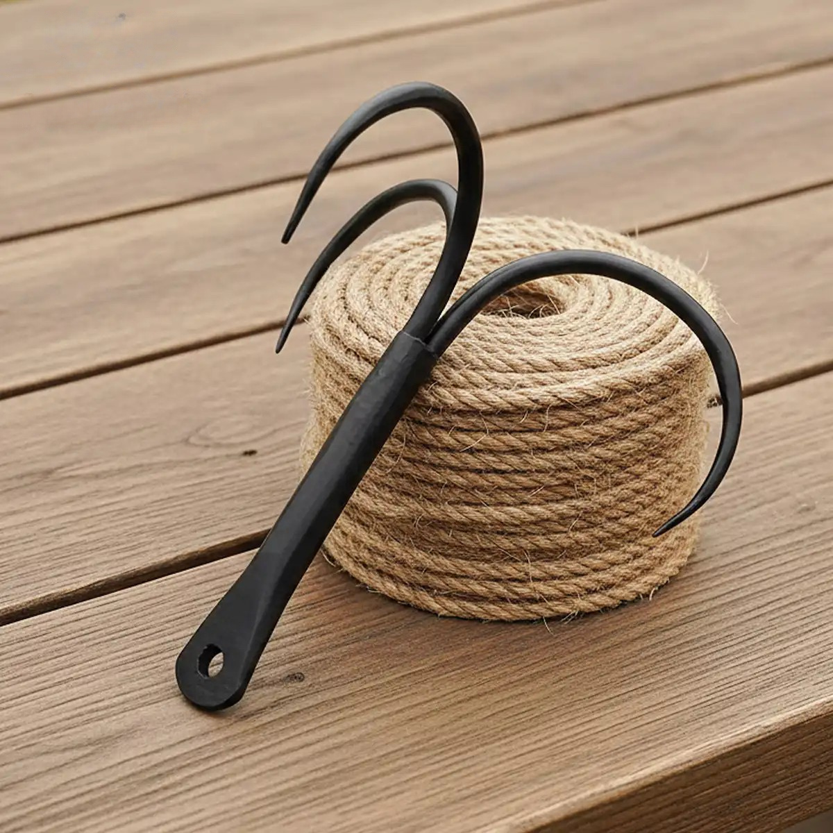 Hand-Forged Iron Grappling Hook - 3-Prong Medieval Nautical Anchor
